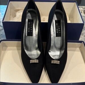 Stuart Weitzman Black Silk Vintage Pumps Crystal Bow & Heel Accents.